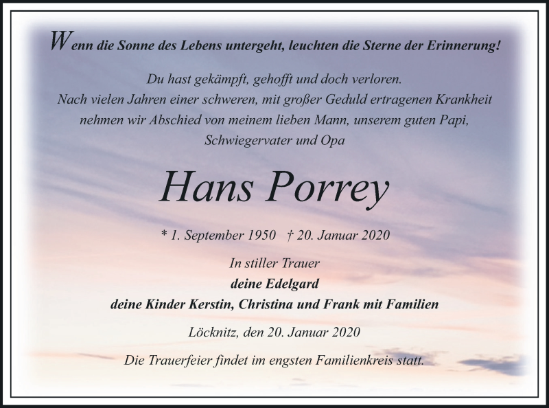  Traueranzeige für Hans Porrey vom 25.01.2020 aus Neubrandenburger Zeitung