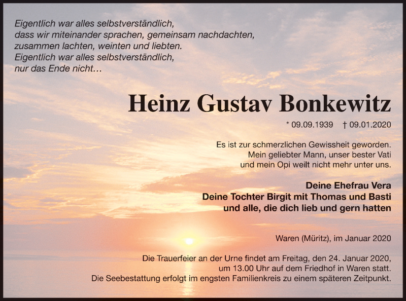  Traueranzeige für Heinz Gustav Bonkewitz vom 18.01.2020 aus Müritz-Zeitung