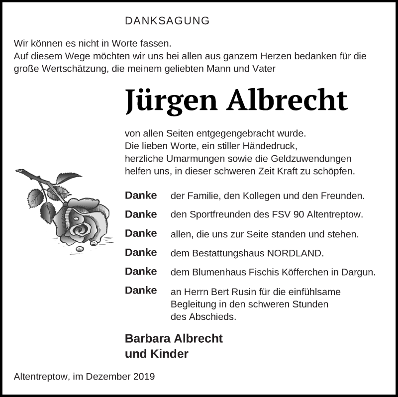  Traueranzeige für Jürgen Albrecht vom 17.01.2020 aus Neubrandenburger Zeitung