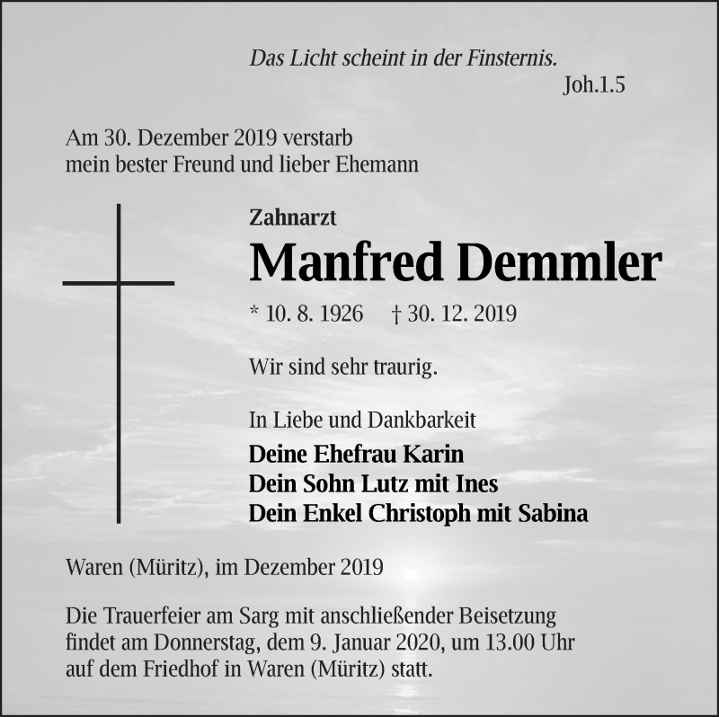  Traueranzeige für Manfred Demmler vom 04.01.2020 aus Müritz-Zeitung