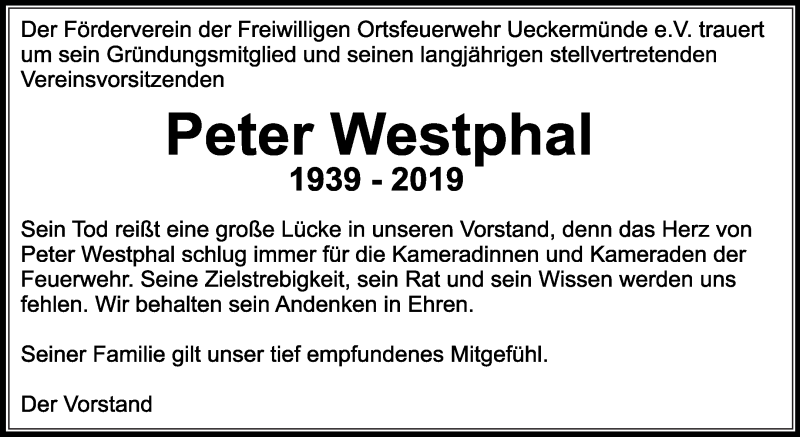  Traueranzeige für Peter Westphal vom 07.01.2020 aus Haff-Zeitung