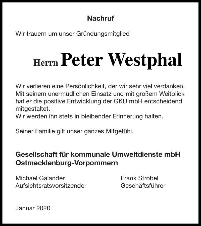  Traueranzeige für Peter Westphal vom 10.01.2020 aus Haff-Zeitung