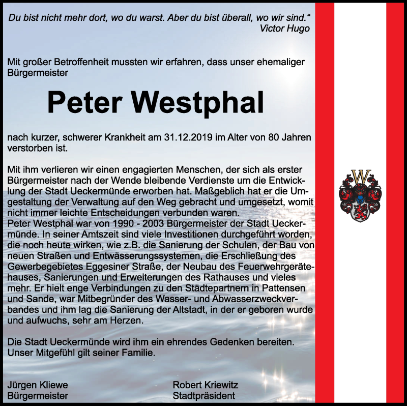  Traueranzeige für Peter Westphal vom 07.01.2020 aus Haff-Zeitung