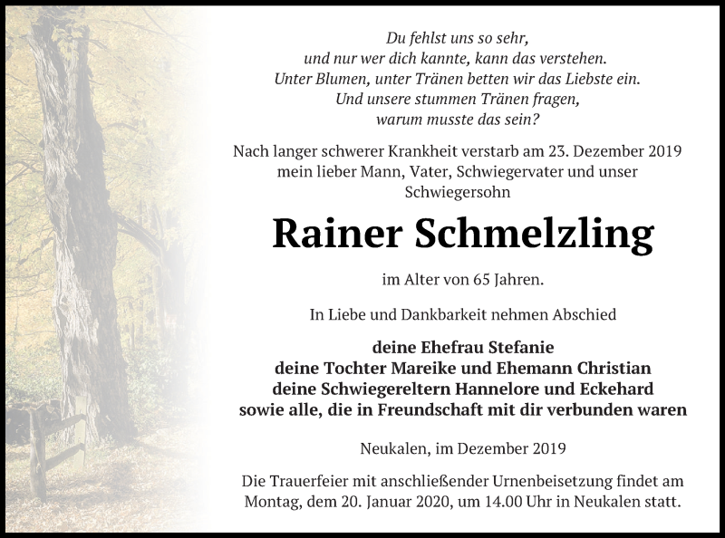  Traueranzeige für Rainer Schmelzling vom 03.01.2020 aus Mecklenburger Schweiz