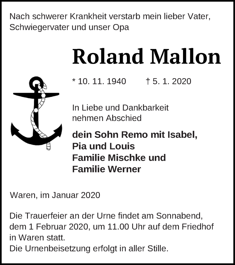  Traueranzeige für Roland Mallon vom 10.01.2020 aus Müritz-Zeitung