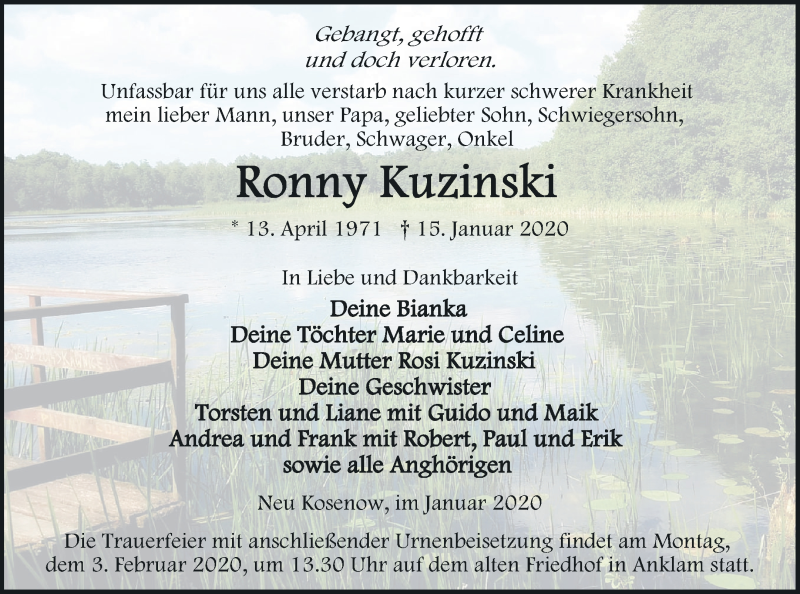  Traueranzeige für Ronny Kuzinski vom 18.01.2020 aus Vorpommern Kurier