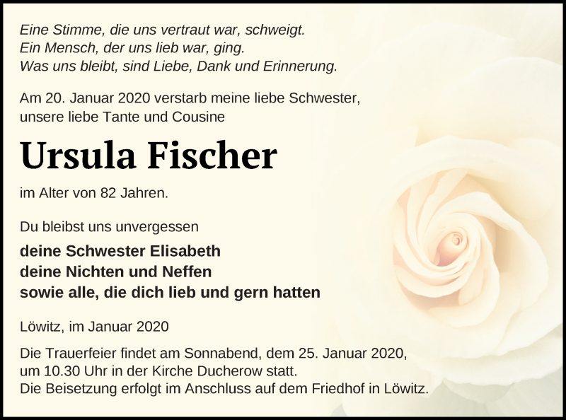  Traueranzeige für Ursula Fischer vom 22.01.2020 aus Vorpommern Kurier