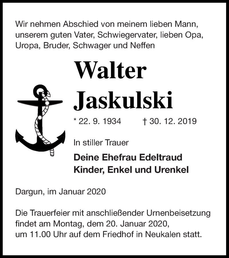  Traueranzeige für Walter Jaskulski vom 14.01.2020 aus Mecklenburger Schweiz