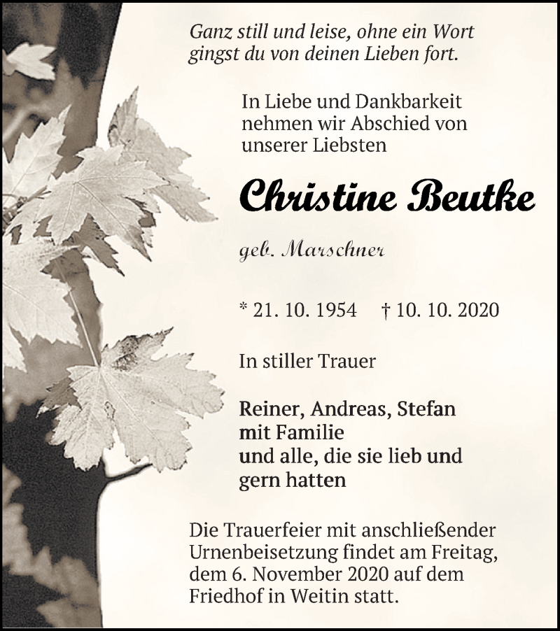  Traueranzeige für Christine Beutke vom 20.10.2020 aus Neubrandenburger Zeitung