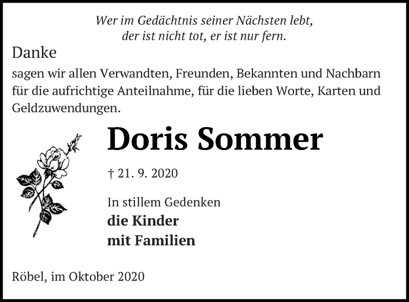  Traueranzeige für Doris Sommer vom 17.10.2020 aus Müritz-Zeitung
