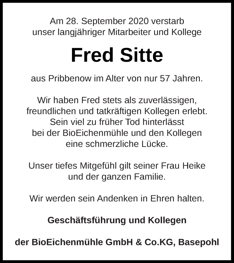  Traueranzeige für Fred Sitte vom 30.10.2020 aus Mecklenburger Schweiz