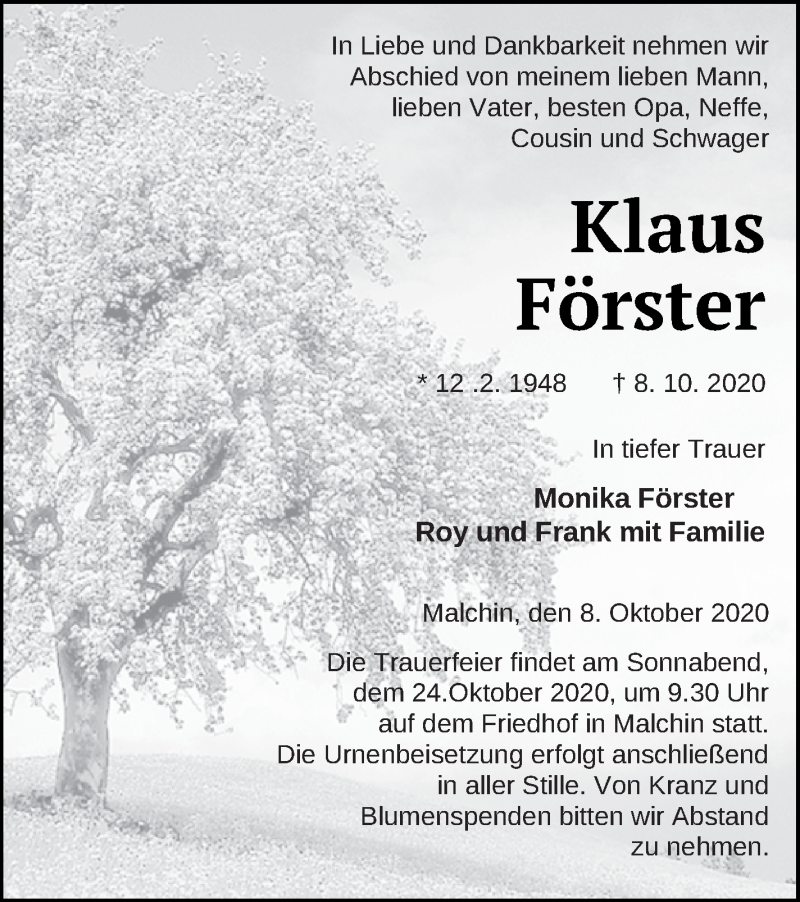  Traueranzeige für Klaus Förster vom 14.10.2020 aus Mecklenburger Schweiz