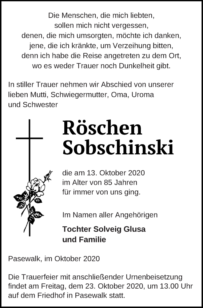  Traueranzeige für Röschen Sobschinski vom 16.10.2020 aus Pasewalker Zeitung
