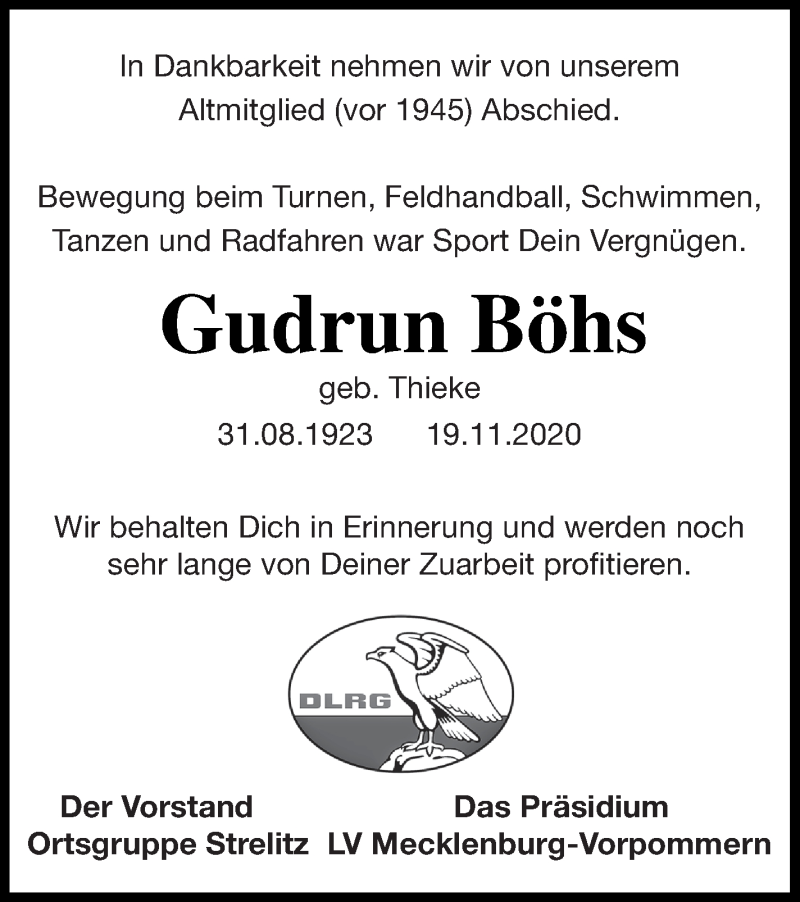  Traueranzeige für Gudrun Böhs vom 28.11.2020 aus Strelitzer Zeitung