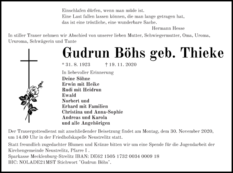  Traueranzeige für Gudrun Böhs vom 25.11.2020 aus Strelitzer Zeitung