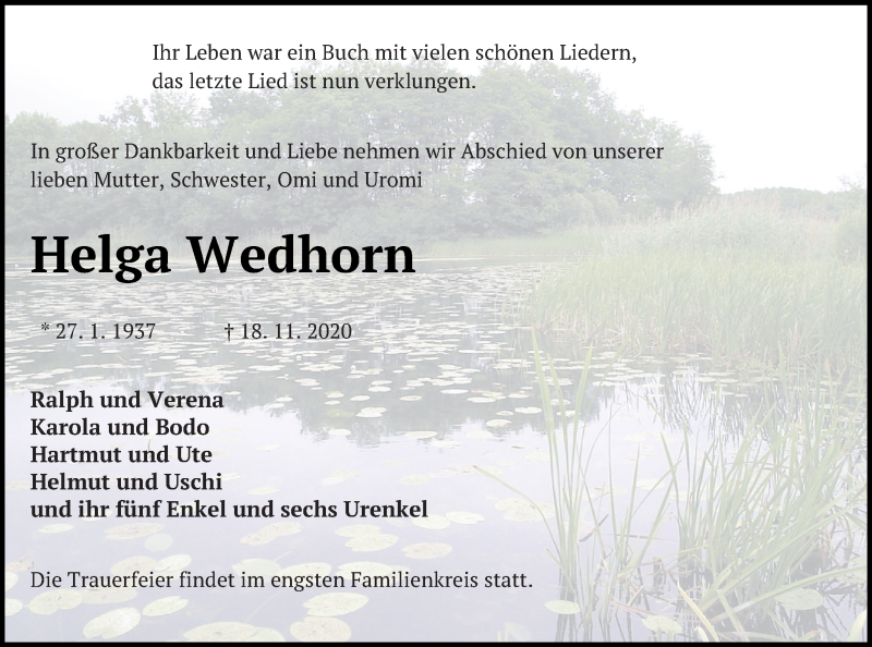  Traueranzeige für Helga Wedhorn vom 28.11.2020 aus Mecklenburger Schweiz