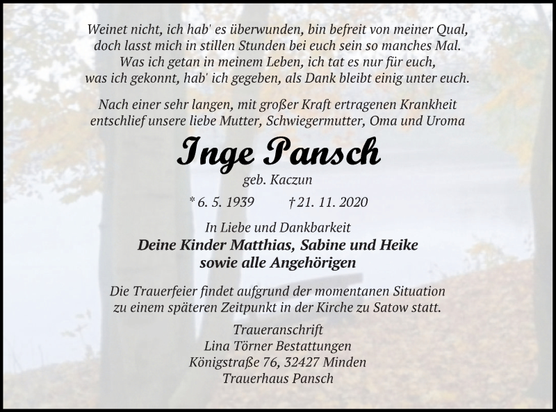  Traueranzeige für Inge Pansch vom 28.11.2020 aus Müritz-Zeitung