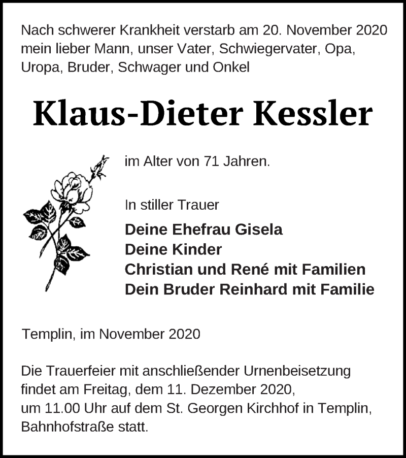  Traueranzeige für Klaus-Dieter Kessler vom 25.11.2020 aus Templiner Zeitung
