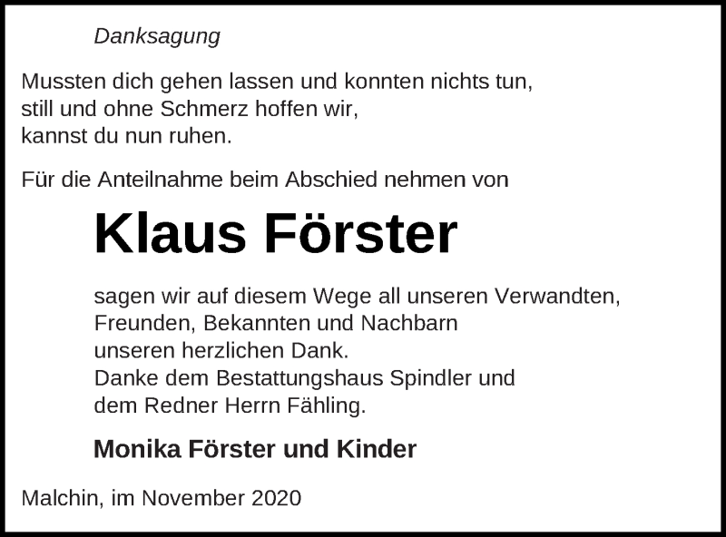  Traueranzeige für Klaus Förster vom 06.11.2020 aus Mecklenburger Schweiz