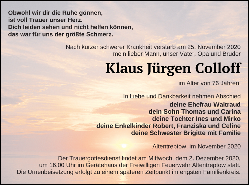  Traueranzeige für Klaus Jürgen Colloff vom 28.11.2020 aus Neubrandenburger Zeitung