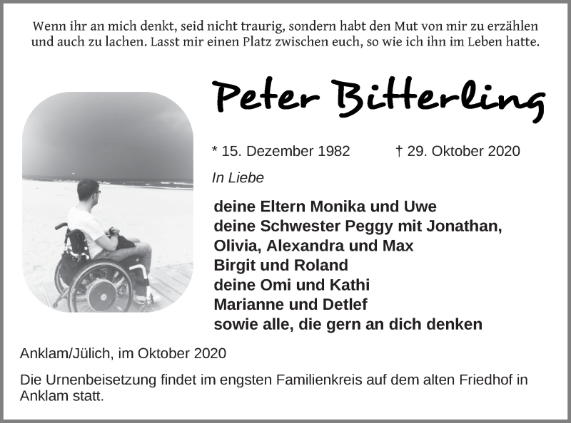 Traueranzeige für Peter Bitterling vom 28.11.2020 aus Vorpommern Kurier