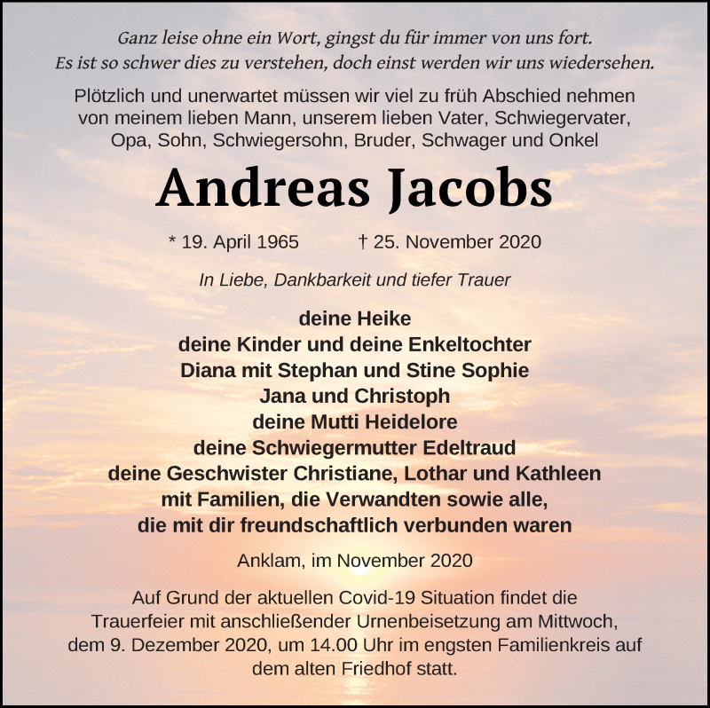  Traueranzeige für Andreas Jacobs vom 01.12.2020 aus Vorpommern Kurier