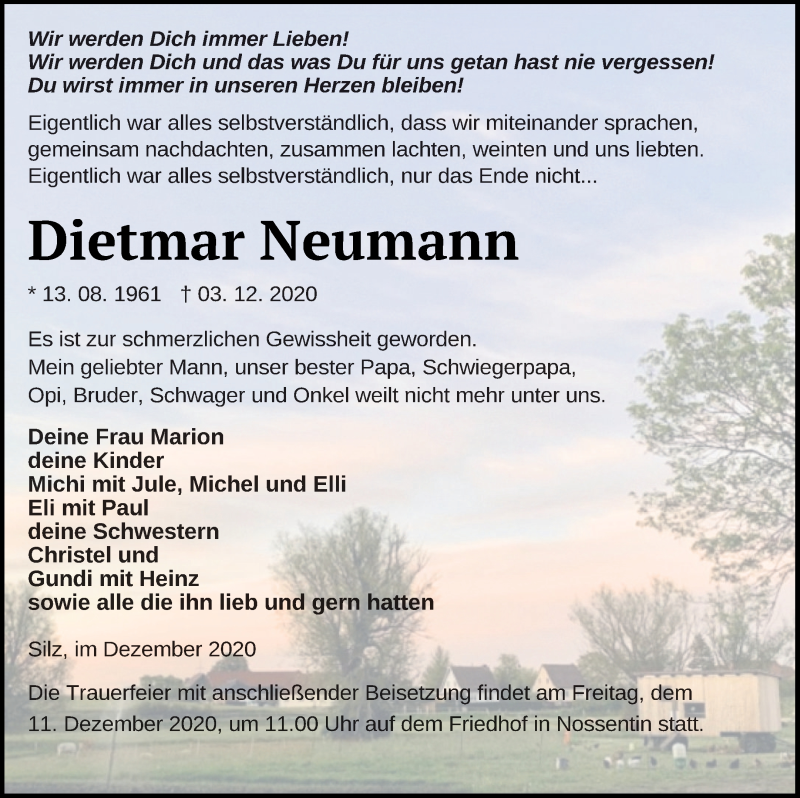  Traueranzeige für Dietmar Neumann vom 09.12.2020 aus Müritz-Zeitung