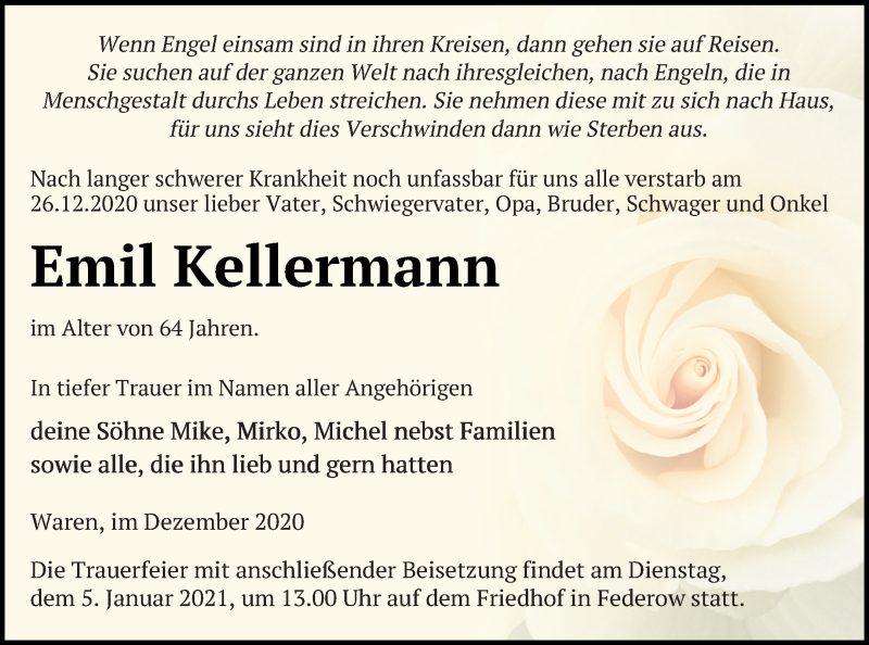  Traueranzeige für Emil Kellermann vom 31.12.2020 aus Müritz-Zeitung