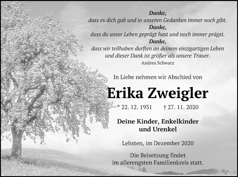  Traueranzeige für Erika Zweigler vom 03.12.2020 aus Müritz-Zeitung