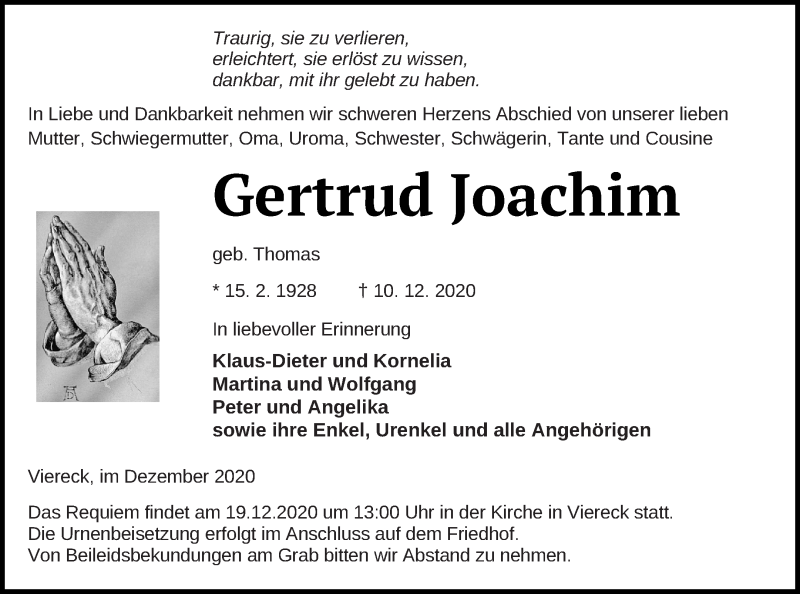  Traueranzeige für Gertrud Joachim vom 15.12.2020 aus Haff-Zeitung
