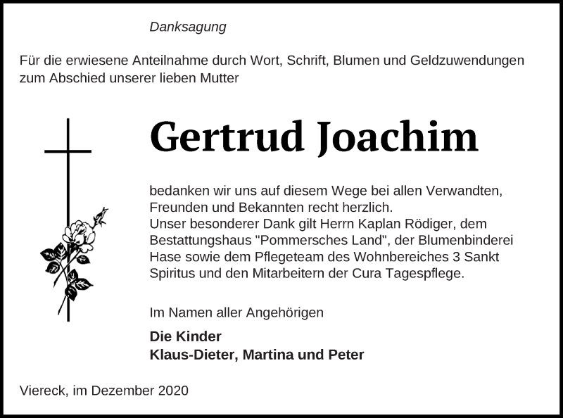  Traueranzeige für Gertrud Joachim vom 23.12.2020 aus Haff-Zeitung