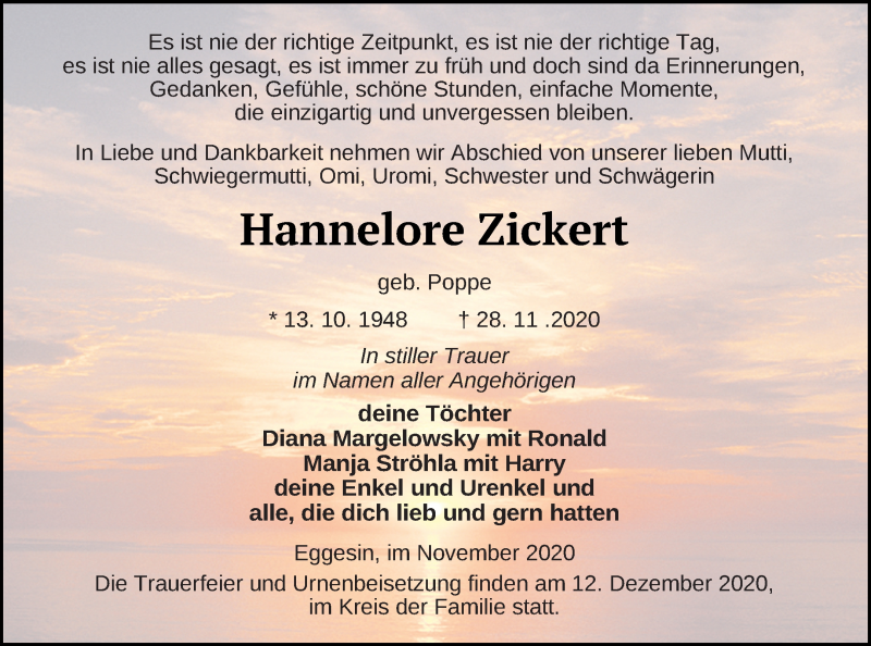  Traueranzeige für Hannelore Zickert vom 05.12.2020 aus Haff-Zeitung