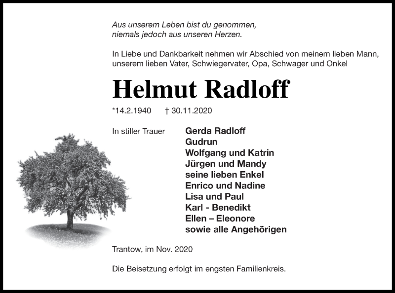  Traueranzeige für Helmut Radloff vom 02.12.2020 aus Vorpommern Kurier