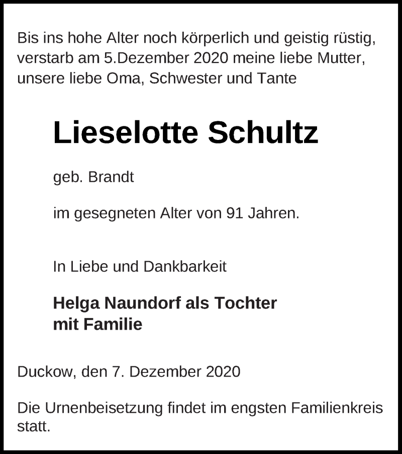  Traueranzeige für Lieselotte Schultz vom 11.12.2020 aus Mecklenburger Schweiz