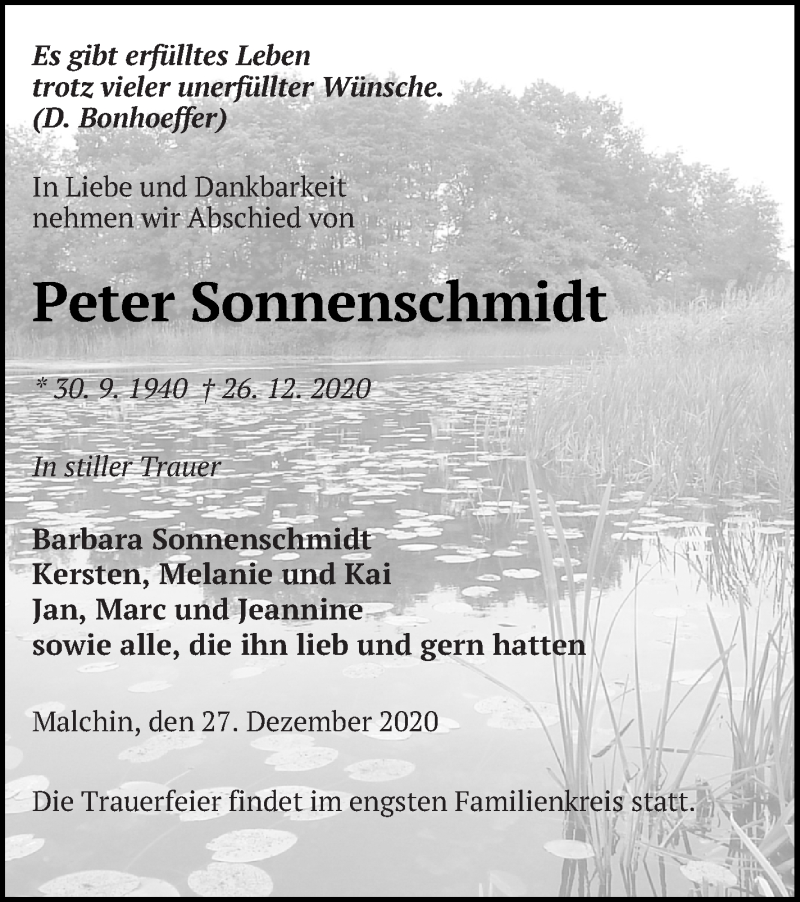  Traueranzeige für Peter Sonnenschmidt vom 30.12.2020 aus Mecklenburger Schweiz