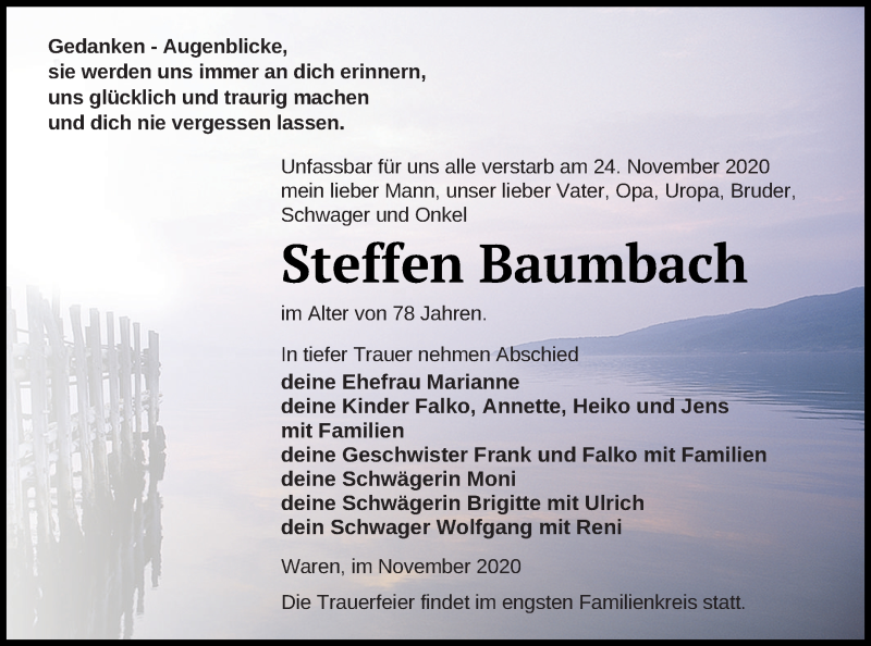  Traueranzeige für Steffen Baumbach vom 01.12.2020 aus Müritz-Zeitung