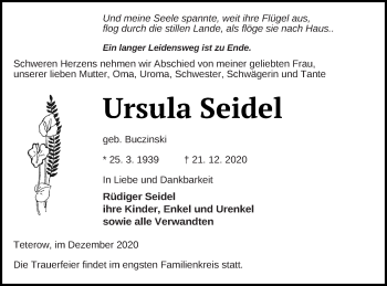 Traueranzeigen Von Ursula Seidel Trauer Nordkurier