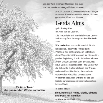 Traueranzeige von Gerda Alms von Vorpommern Kurier