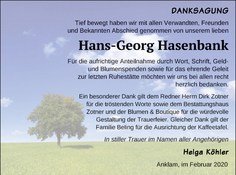  Traueranzeige für Hans-Georg Hasenbank vom 22.02.2020 aus Vorpommern Kurier