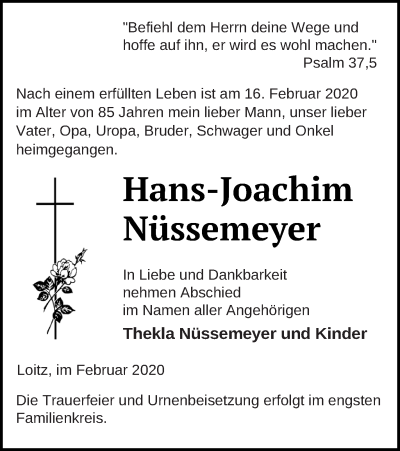  Traueranzeige für Hans-Joachim Nüssemeyer vom 21.02.2020 aus Vorpommern Kurier