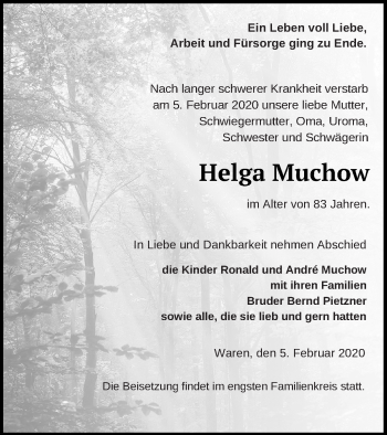 Traueranzeigen Von Helga Muchow Trauer Nordkurier