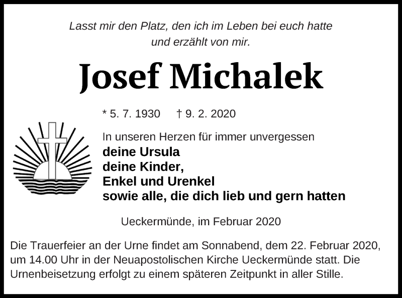  Traueranzeige für Josef Michalek vom 14.02.2020 aus Haff-Zeitung