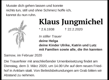 Traueranzeige von Klaus Jungmichel von Vorpommern Kurier