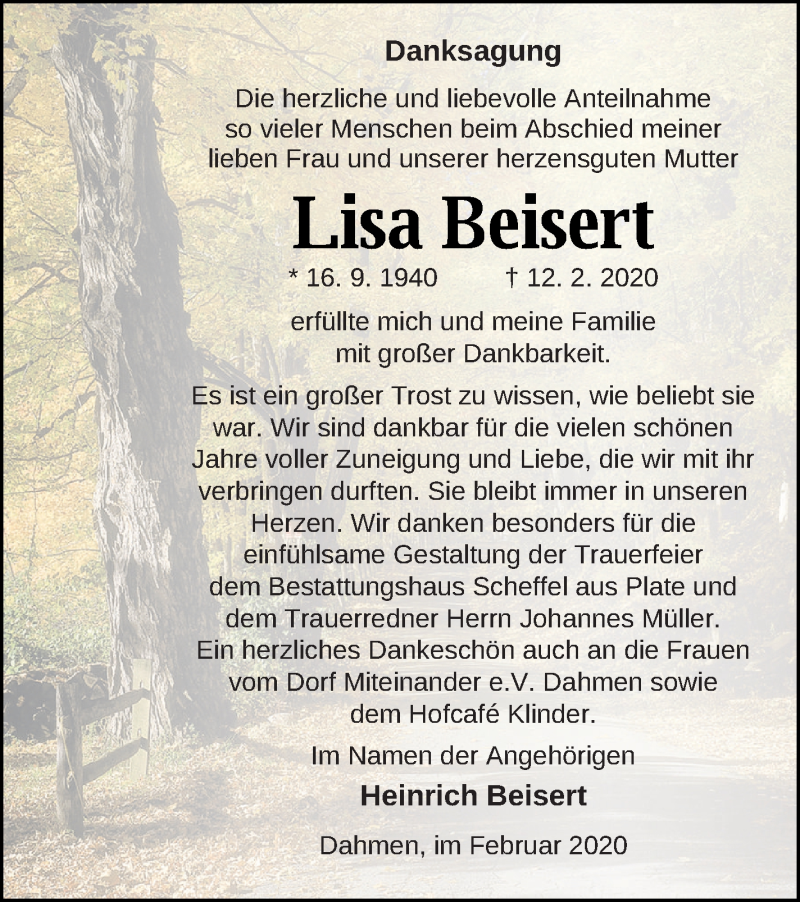  Traueranzeige für Lisa Beisert vom 29.02.2020 aus Mecklenburger Schweiz