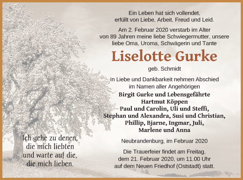  Traueranzeige für Liselotte Gurke vom 05.02.2020 aus Neubrandenburger Zeitung