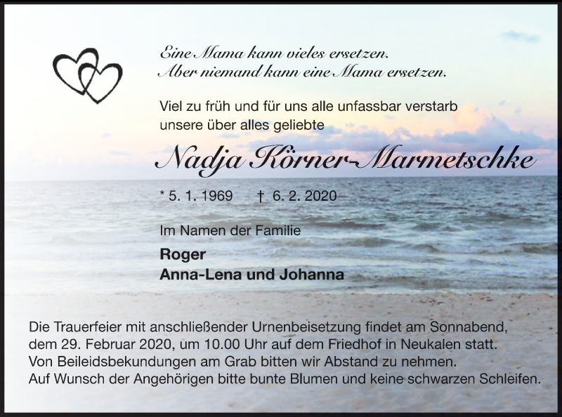  Traueranzeige für Nadja Körner-Marmetschke vom 14.02.2020 aus Mecklenburger Schweiz