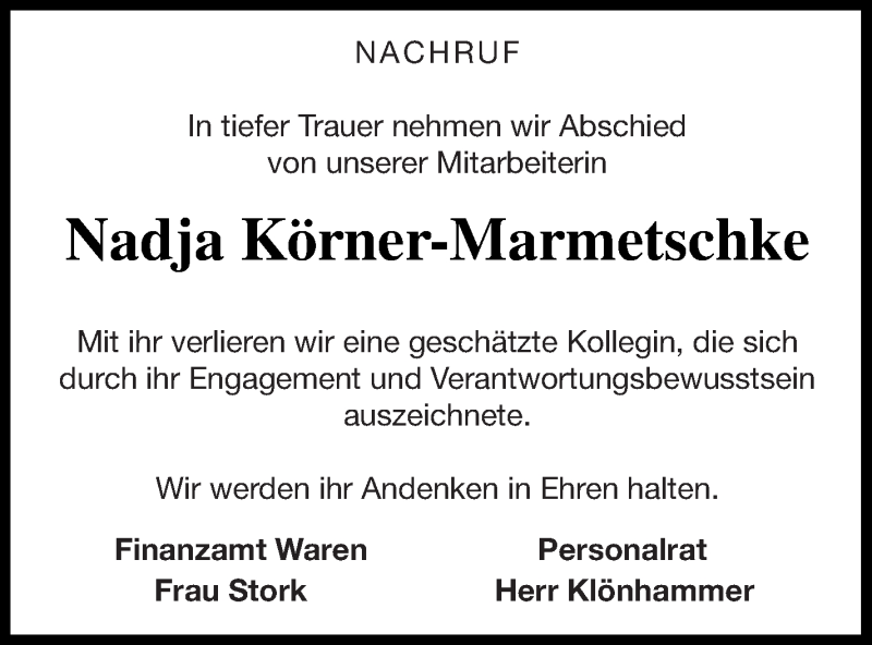  Traueranzeige für Nadja Körner-Marmetschke vom 18.02.2020 aus Mecklenburger Schweiz