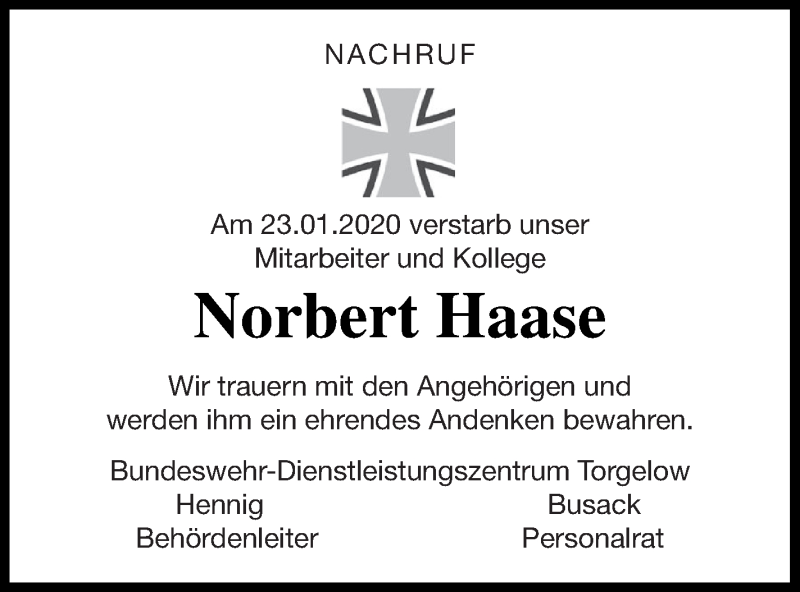  Traueranzeige für Norbert Haase vom 14.02.2020 aus Pasewalker Zeitung