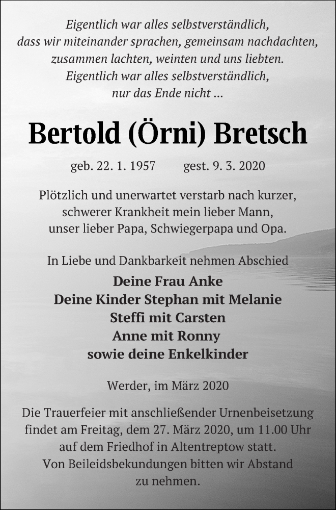  Traueranzeige für Bertold Bretsch vom 14.03.2020 aus Demminer Zeitung