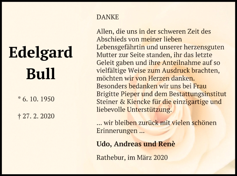  Traueranzeige für Edelgard Bull vom 27.03.2020 aus Vorpommern Kurier